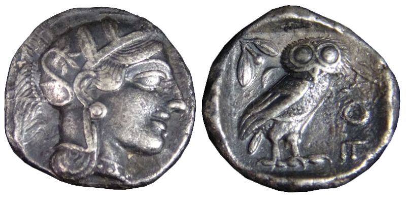 Ancient Greece silver coin, an Athenian tetradrachm from after 499 BC